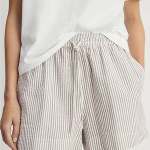 Tan and White Linen High Waist Shorts